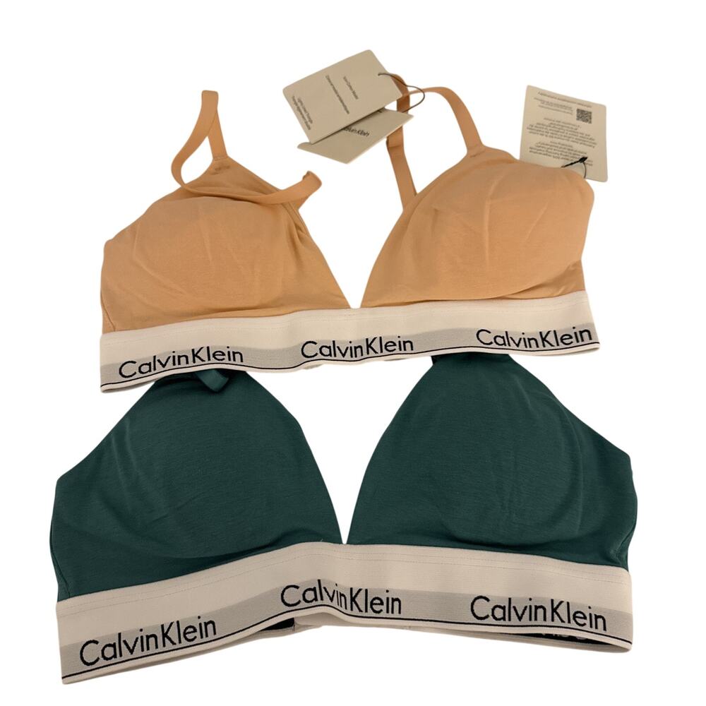 2 Calvin Klein Women's Icon Lightly Lined Triangle Bralettes Orange Green Size S